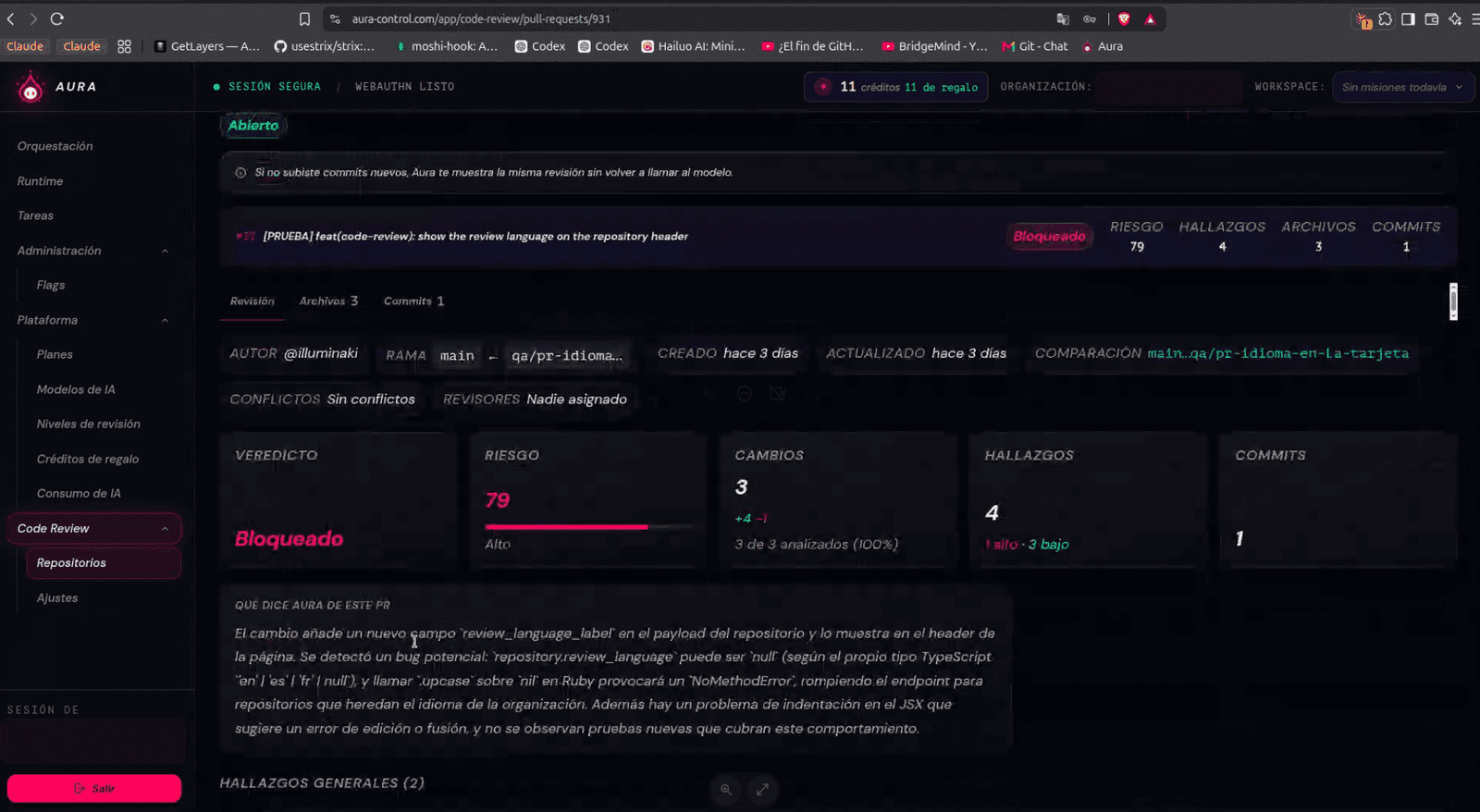 AURA Review verdict on a Pull Request with risk, findings, and explanation