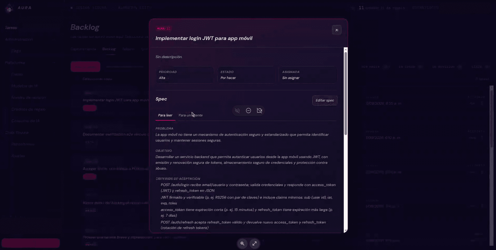 Specification generated by AURA Spec with problem, goal, and acceptance criteria